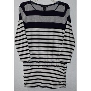 White House Black Market S Top Striped Banded Ruched Bottom Preppy 3/4 Slv Shirt